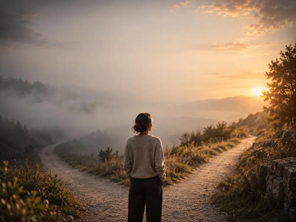 A person standing where two paths divide in the morning mist