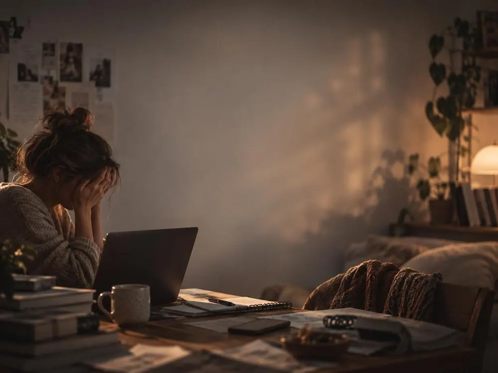 A person at a desk with their head in their hands