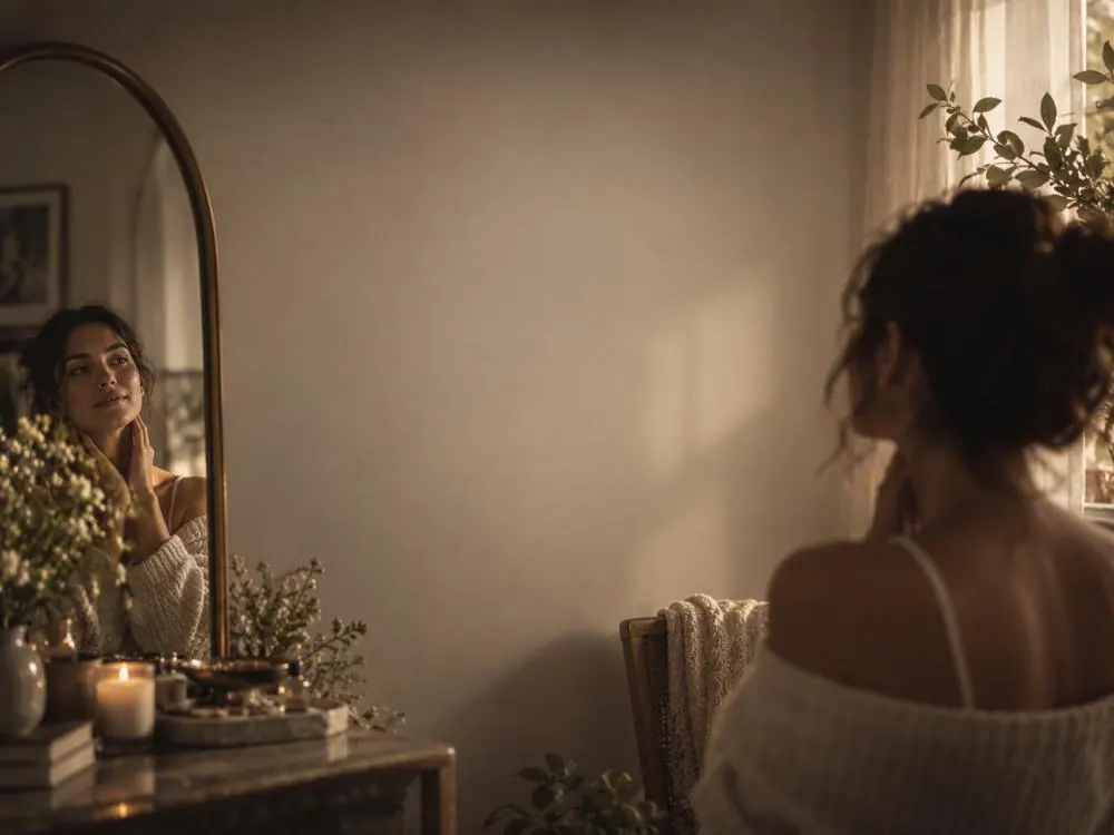 A person looking at their reflection in a mirror