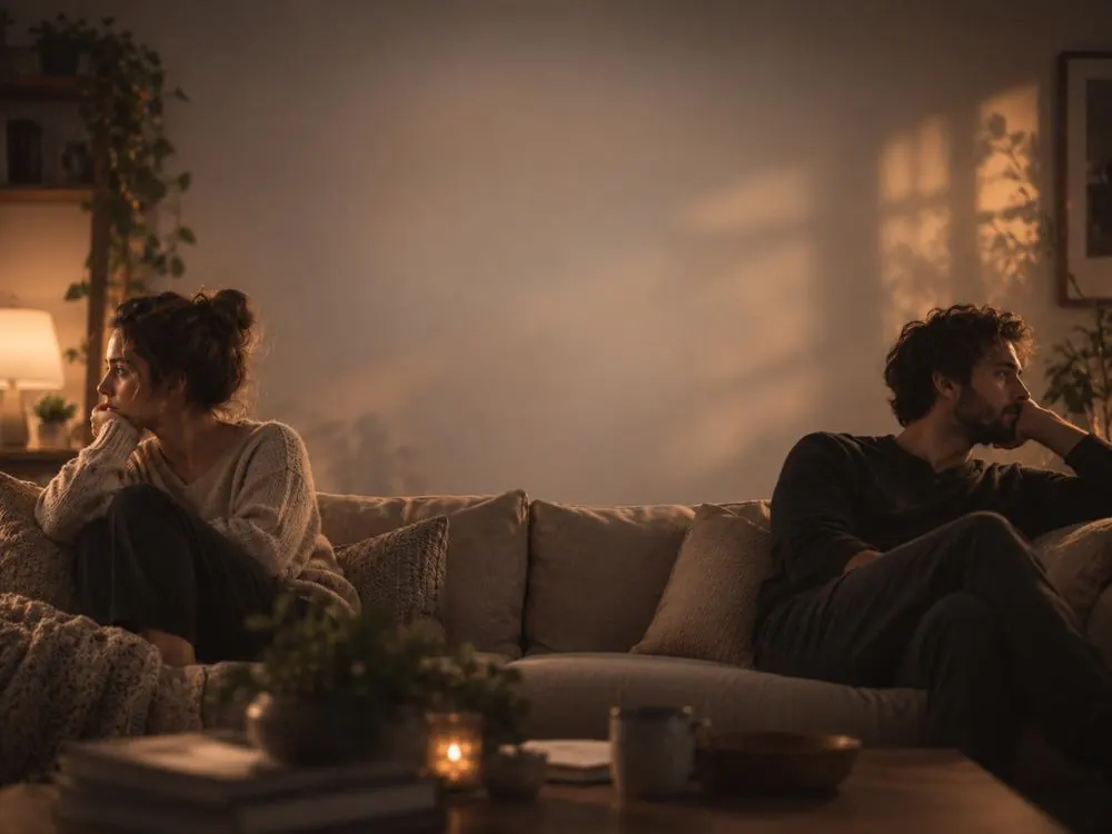A couple sitting at opposite ends of a sofa