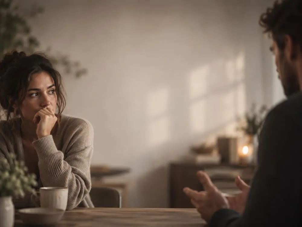 Two people in candid conversation across a table