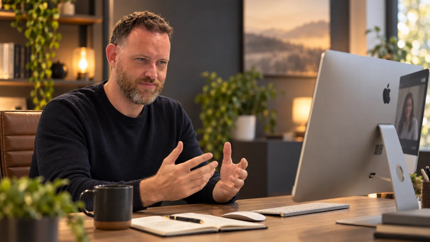 Tom Charles coaching a client over a video call from his study